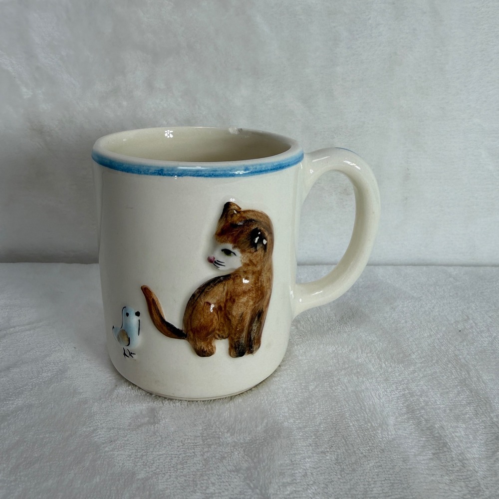 VTG Brazil Ceramic Mug 3D Relief Cat and Bird Hand Painted Cream Blue Rim